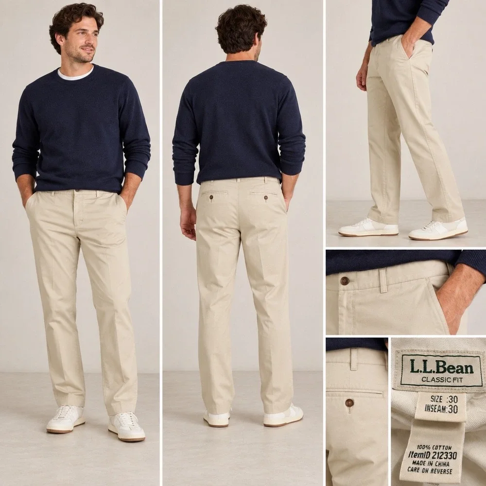 LL Bean Classic Fit Chino Pants Mens 30x30 Khaki Tan 100% Cotton 212330
